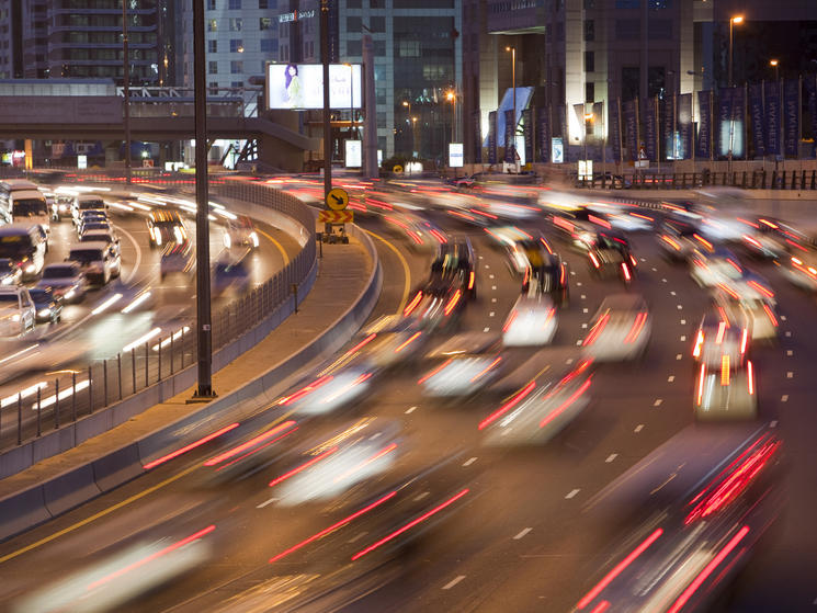 Cars in the evening rush hour in Dubai City, UAE.