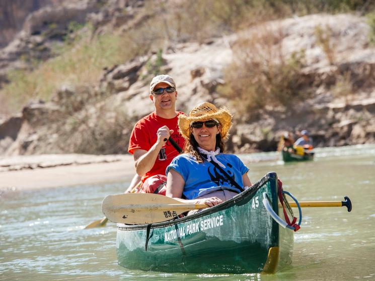 Nancy Labbe (WWF-US) and Jon Radtke (TCCC) riding a canoe on the Rio Grande River, Texas.