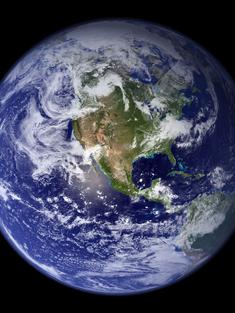 Planet Earth from space showing North America and the Atlantic and Pacific Oceans.