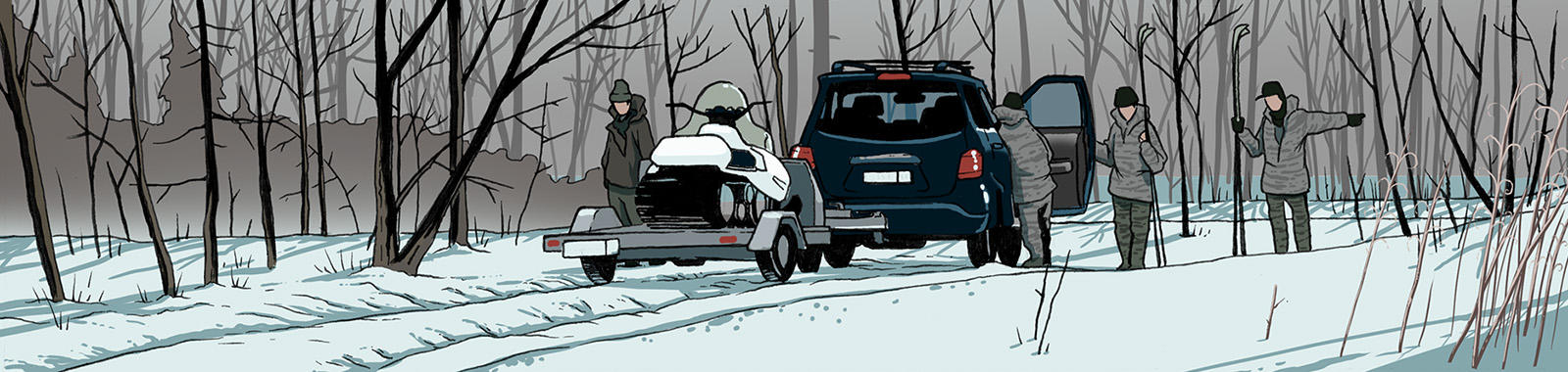 Illustration of researchers getting out of a car in a snowy Russian landscape to investigate an Amur tiger.