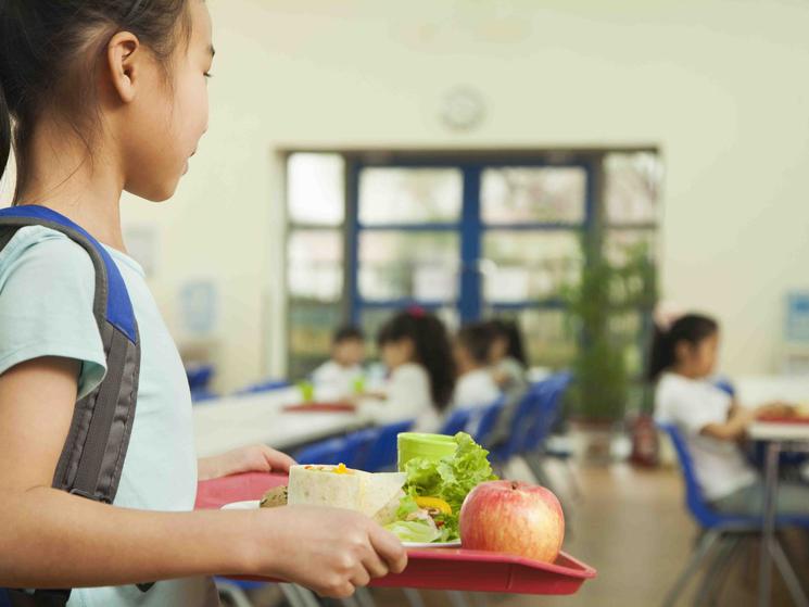 School girl holding food tray in school cafeteria