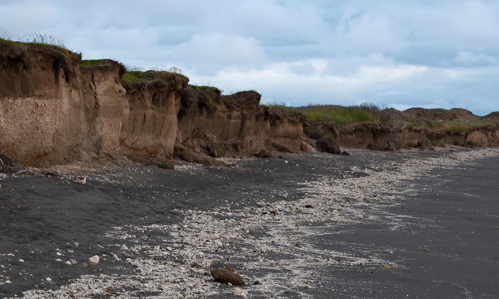 Eroding cliffs along the shoreline of Bristol Bay near the former village of Meshik. The village was completed relocated several miles inland due to coastal erosion in Port Heiden, Alaska, United States.