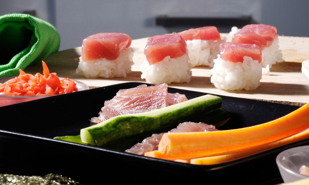 Bluefin tuna sushi sitting on a plate
