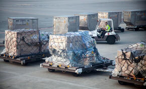 Baggage is moved across the tarmac at an airport.