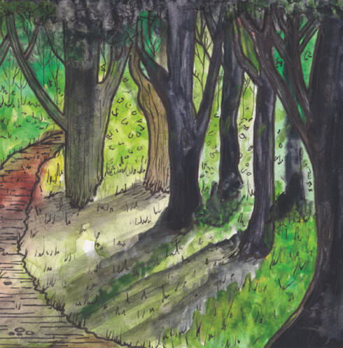 Painting of wooded path