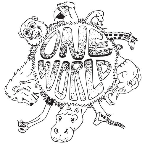 Line drawing of logo with words One World surrounded by animals