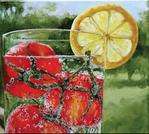 Painting of glass with lemon and tomatoes