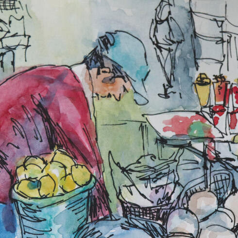 Watercolor of market vendor and fruit