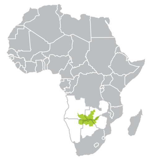 Africa map highlighting KAZA region