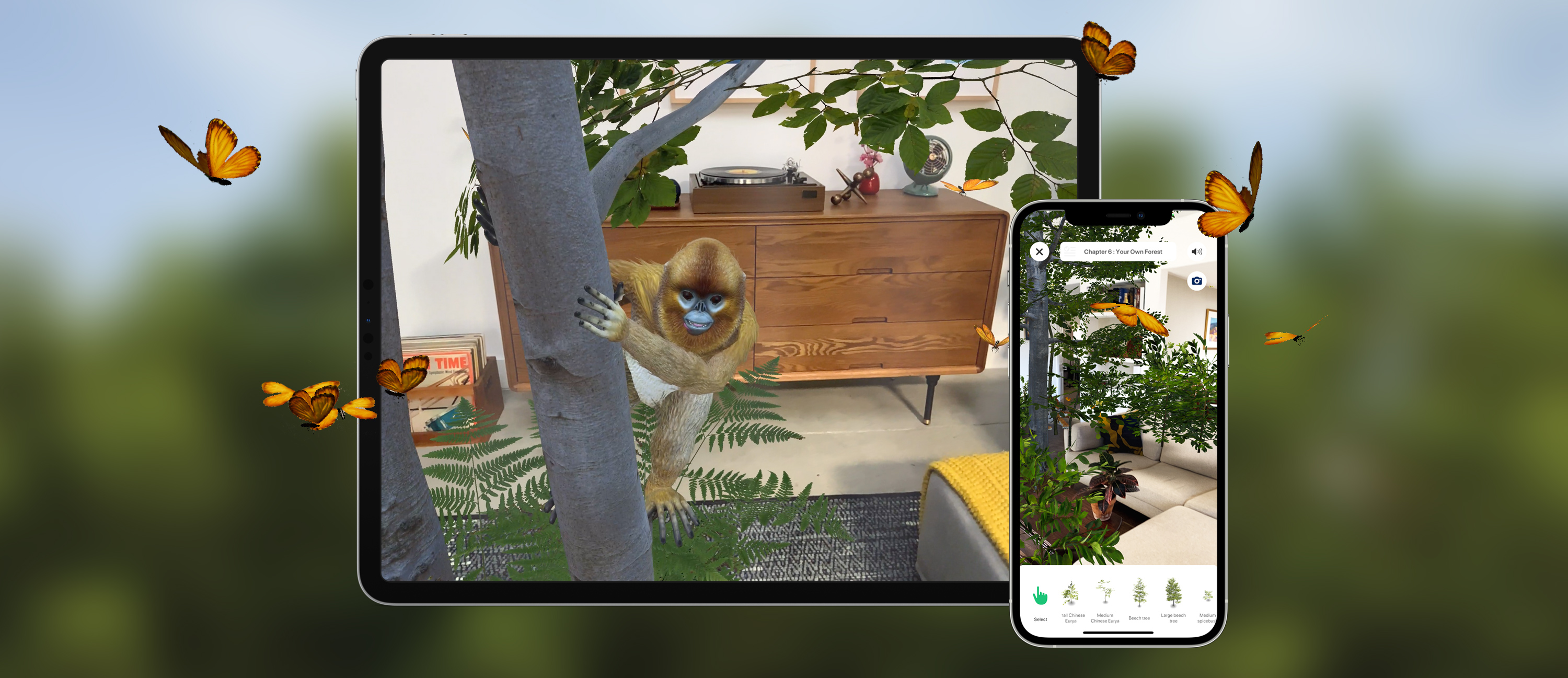 ipad and iPhone showing AR trees and animals in a room