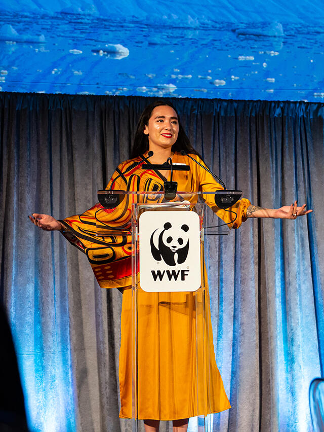 Maka Monture Päki on stage making a speech. She is wearing a yellow dress and yellow scarf with an Indigenous pattern