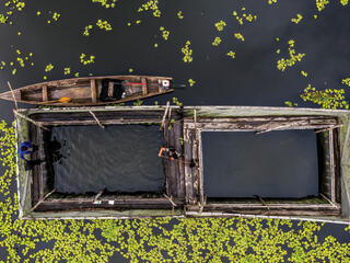 Aerial photo of fish farming cages