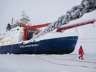 Ship in ice with crewperson walking outside