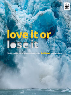 PSA: Image of an iceberg falling into the ocean with the words 'love it or lose it'