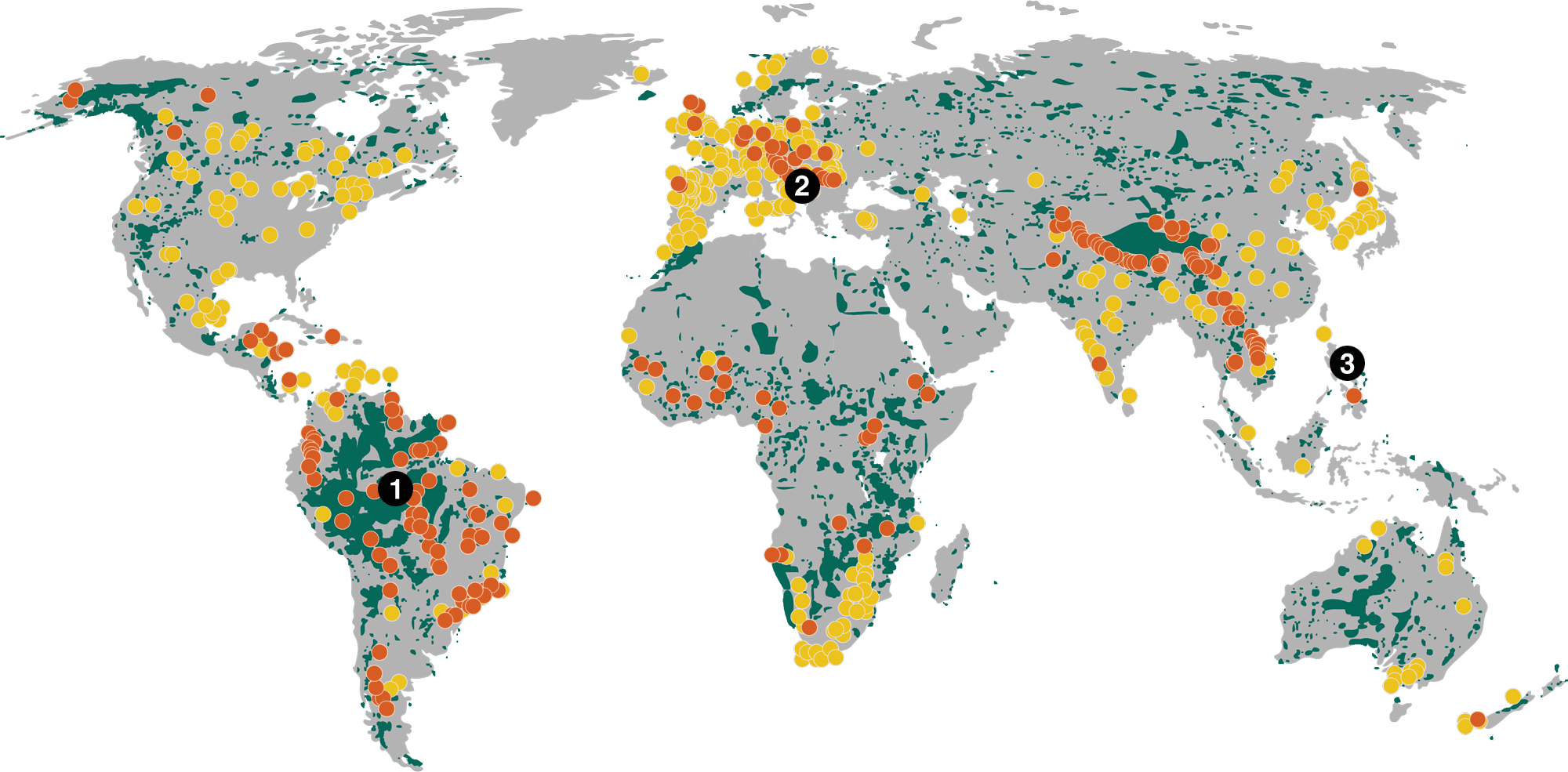 Map of world showing dams and protected areas