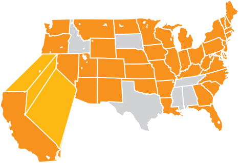 US map of states that allow homeowners and businesses to sell their unused solar power surplus back to utility companies.