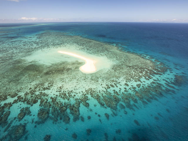 A small island and fringing reef seen from the air. Great Barrier Reef, Australia.