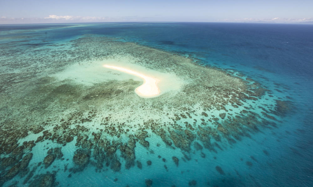 A small island and fringing reef seen from the air. Great Barrier Reef, Australia.